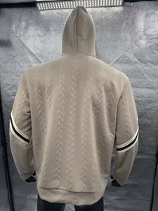Back view of a heavy jacquard hooded sweatshirt for men with striped sleeve details
