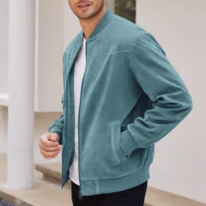 Detailed view of men's teal suede bomber jacket featuring a zip collar and ribbed cuffs.