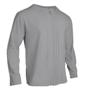 Men's grey long-sleeved linen Henley shirt featuring elegant pleated front chest detail