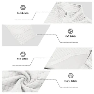 Vues détaillées du col, des poignets, de l'ourlet et du tissu jacquard d'un sweat blanc pour homme.