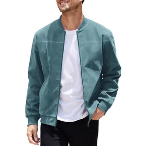Close-up of a men's teal suede bomber jacket with a front zipper and ribbed cuffs