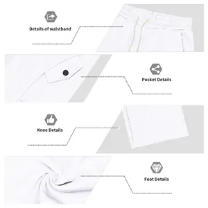Viste dettagliate dei pantaloni sportivi bianchi da uomo: vita, tasca e cuciture.