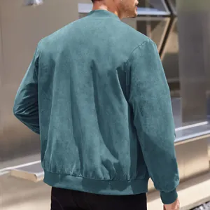 Back view of a premium men's teal faux suede bomber jacket with ribbed cuffs.