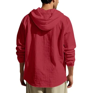 Back view of a red long-sleeved hooded linen shirt with breathable fabric texture.