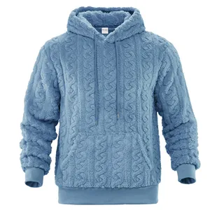 Men's blue fuzzy fleece hoodie with cable knit texture and kangaroo pocket for winter