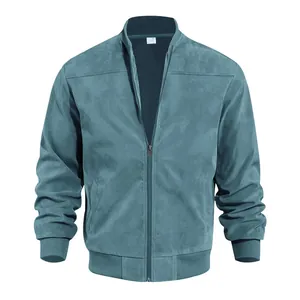 Premium men's teal faux suede bomber jacket with stand collar and front zipper closure