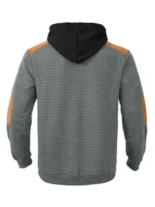 Detailed back view of a men's gray waffle texture hoodie featuring black hood and brown patches