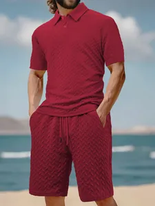 Detailed macro view of burgundy jacquard knit polo shirt and shorts set for men