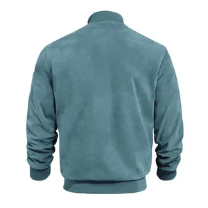 Back view of premium men's suede bomber jacket in teal blue finish