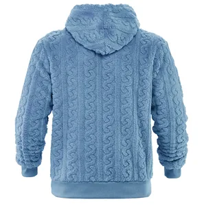 Detailed back view of men's winter warm jacquard fleece hoodie in light blue color