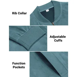 Detail view of men's suede jacket featuring rib collar, cuffs and functional pockets.