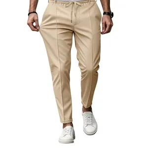Pantaloni casual elasticizzati kaki da uomo con vita elasticizzata e coulisse