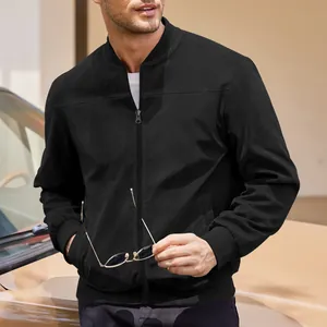 Detailed view of men's black suede bomber jacket with full zipper and ribbed cuffs
