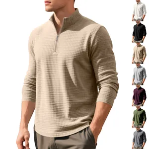 Sweatshirt Jacquard à Maille Gauffrée Homme Demi-Zip Col Montant Manches Longues Smart Casual Polyester Couleur Unie Top