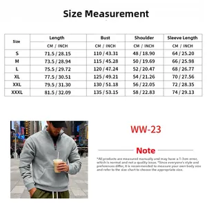 Detailed size chart for men's casual stand collar half-zip fleece sweatshirt with front pocket