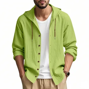 Detail of a casual men's hooded long-sleeve shirt in lime green linen-style fabric
