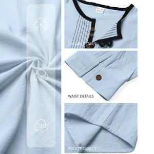 Detail view of breathable men's light blue linen long-sleeve casual shirt with button details