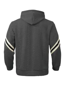 Rear view of a heavy jacquard hooded sweatshirt with textured patterns and sleeve stripes