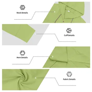 Detailed macro views showing the hood, cuffs, hem, and textured linen fabric of the green shirt.