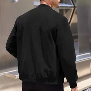 Rear view of a men's black suede bomber jacket with ribbed cuffs and hem.