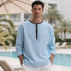 Men's breathable light blue linen long sleeve shirt with contrast henley collar