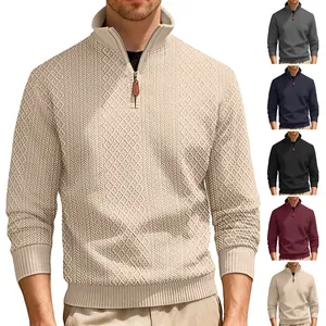 Detailed view of men's half-zip knit sweater with heavy jacquard texture and color options