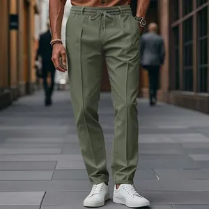 Pantalon de sport décontracté pour homme, coupe droite, vert olive avec cordon de serrage