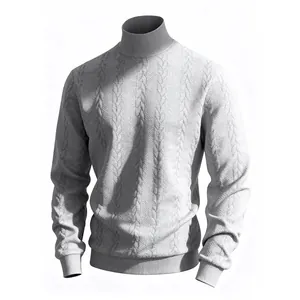 Vista dettagliata della trama a maglia a trecce di un maglione da uomo a collo alto in grigio