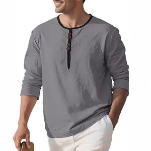 Men's breathable solid gray linen long sleeve henley shirt for casual daily wear