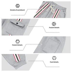 Dettaglio vita, tasche e polsini a costine dei joggers in pile spessi da uomo in grigio