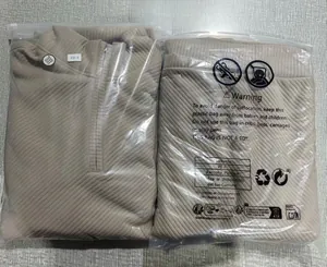 Detail view of men's jacquard half-zip sweatshirt inside clear plastic packaging bags.