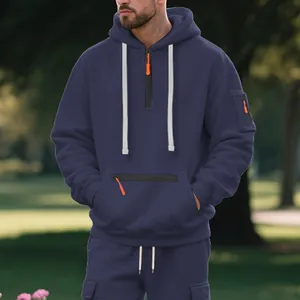Sweat à capuche en polaire bleu marine pour homme avec poches zippées et cordons blancs