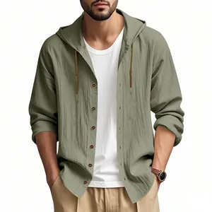 Close-up detail of a men's olive green linen hooded long-sleeve shirt with buttons