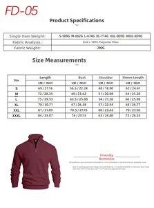 Size chart and details for men's burgundy jacquard half-zip sweatshirt