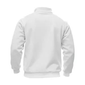 Rückansicht eines lässigen weißen Herren-Sweatshirts mit Stehkragen und Halbreißverschluss
