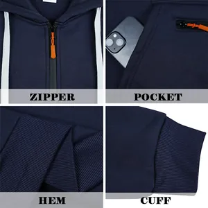 Détails d'un sweat à capuche bleu marine avec fermeture éclair, poche, ourlet et poignets