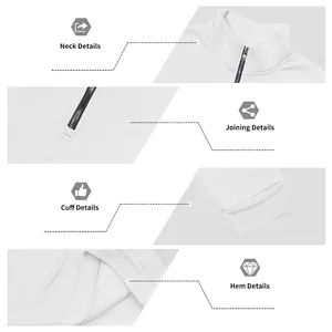Nahaufnahmen von Kragen, Reißverschluss, Manschetten und Saumdetails des weißen Herren-Sweatshirts
