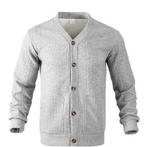 Men's vintage grey V-neck knit cardigan sweater with textured pattern and buttons