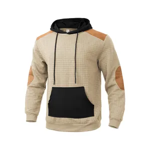 Men's casual quilted patchwork hoodie with kangaroo pocket in beige and black finish