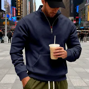 Marineblauer Herren-Sweatshirt mit Viertelreißverschluss, Stehkragen und Tasche