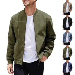 Men Business Casual Faux Suede Bomber Jacket Stand Collar Long Sleeve Zip Up Coat Solid Color Autumn Winter Outerwear