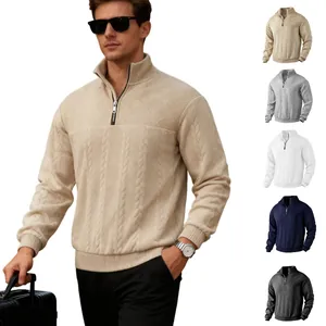 Men's Japanese Retro Jacquard Cable Knit Quarter-Zip Pullover Sweatshirt Casual Long Sleeve Top For Autumn Winter