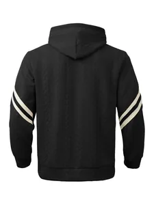 Back view of men's heavy jacquard hooded sweatshirt with striped sleeve detail.