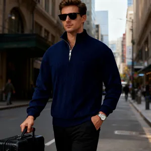 Men's navy blue quarter-zip knit sweater with cable knit pattern for autumn and winter