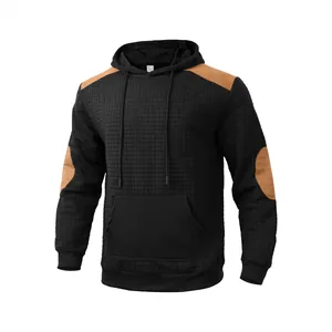 Men's hooded sweatshirt with quilted square pattern and contrast shoulder patches