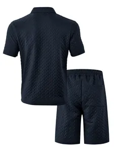 Detailed back view of men's navy blue jacquard casual set with chevron pattern texture