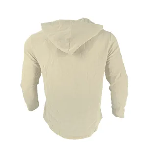 Back view of a comfortable beige linen hooded long-sleeve shirt with a curved hemline.