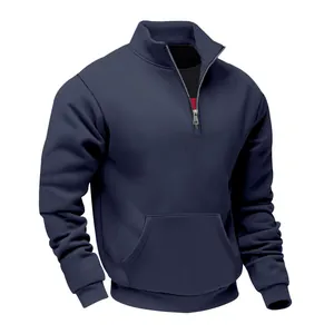 Herren Sweatshirt in Marineblau mit Viertelreißverschluss, Stehkragen und Kängurutasche