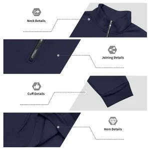 Nahaufnahme der Details von dunkelblauem Sweatshirt mit halbem Reißverschluss und Saum