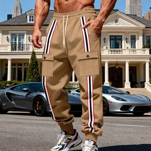 Pantaloni cargo da uomo in pile kaki con strisce laterali e tasche con patta
